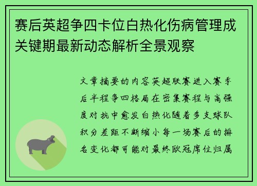 赛后英超争四卡位白热化伤病管理成关键期最新动态解析全景观察